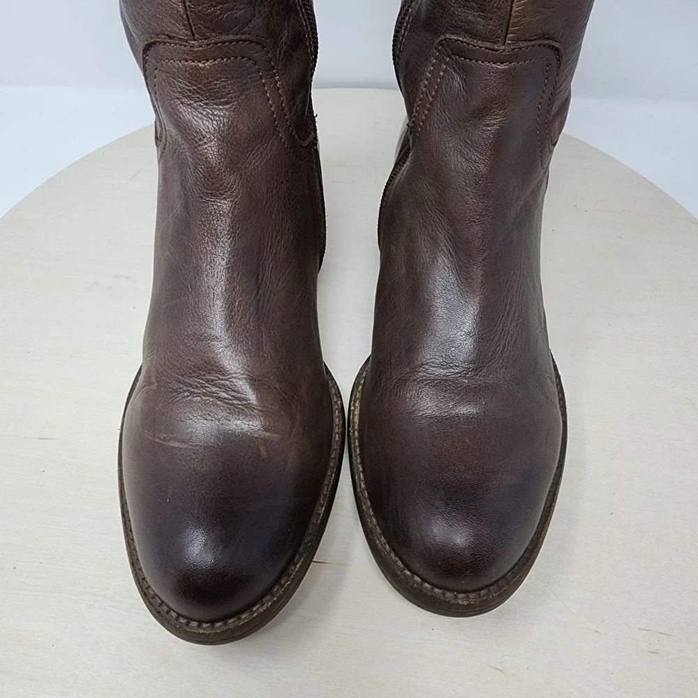 Womens Leather Riding Boots 41 Brown Knee High Side Zip Block Heel Made Portugal